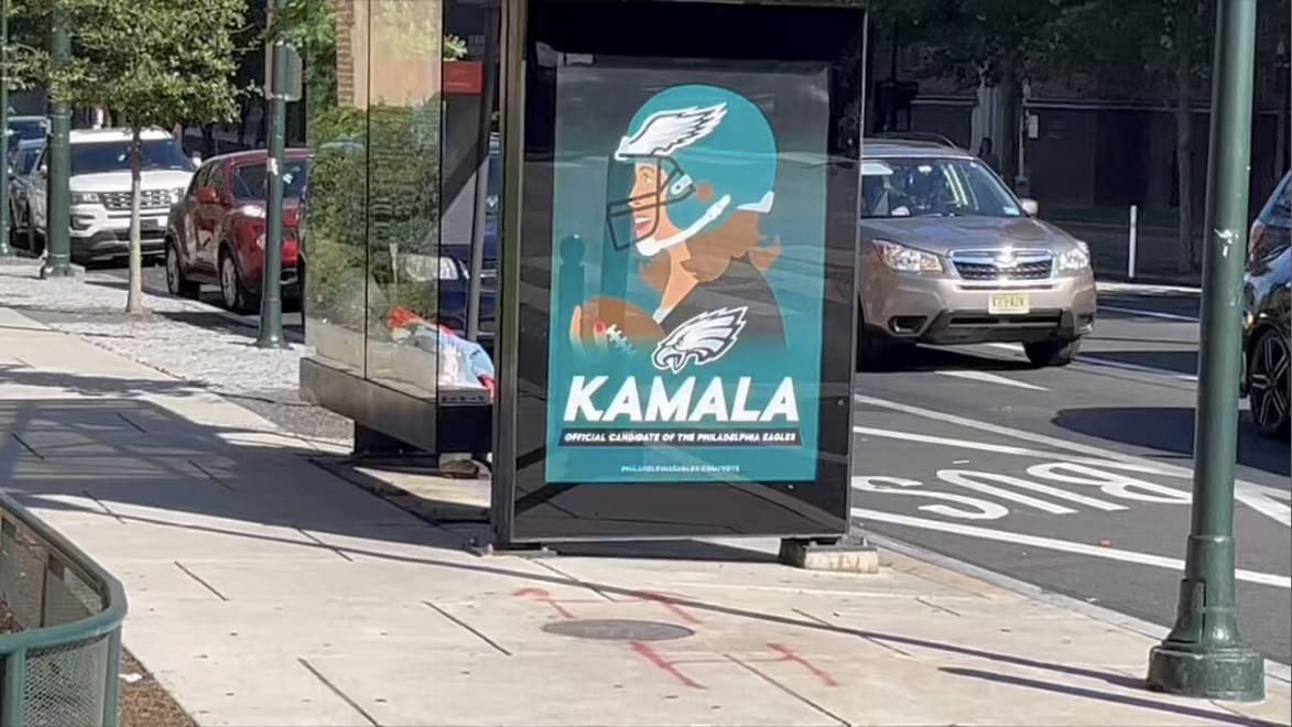 A fake advertisement claiming the Philadelphia Eagles endorsed Kamala Harris.