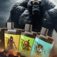 A large gorilla looms over a collection of Indacloud's new Beast Mode vapes.