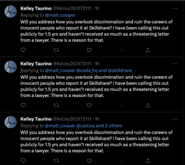A screenshot of a series of tweets that are included in Skillshare’s lawsuit against a former employee.