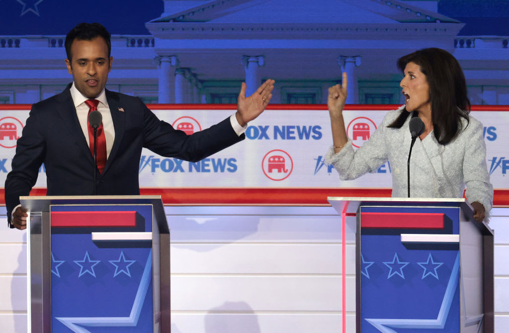 Republican presidential candidates Vivek Ramaswamy and Nikki Haley at the first debate of the GOP primary season.