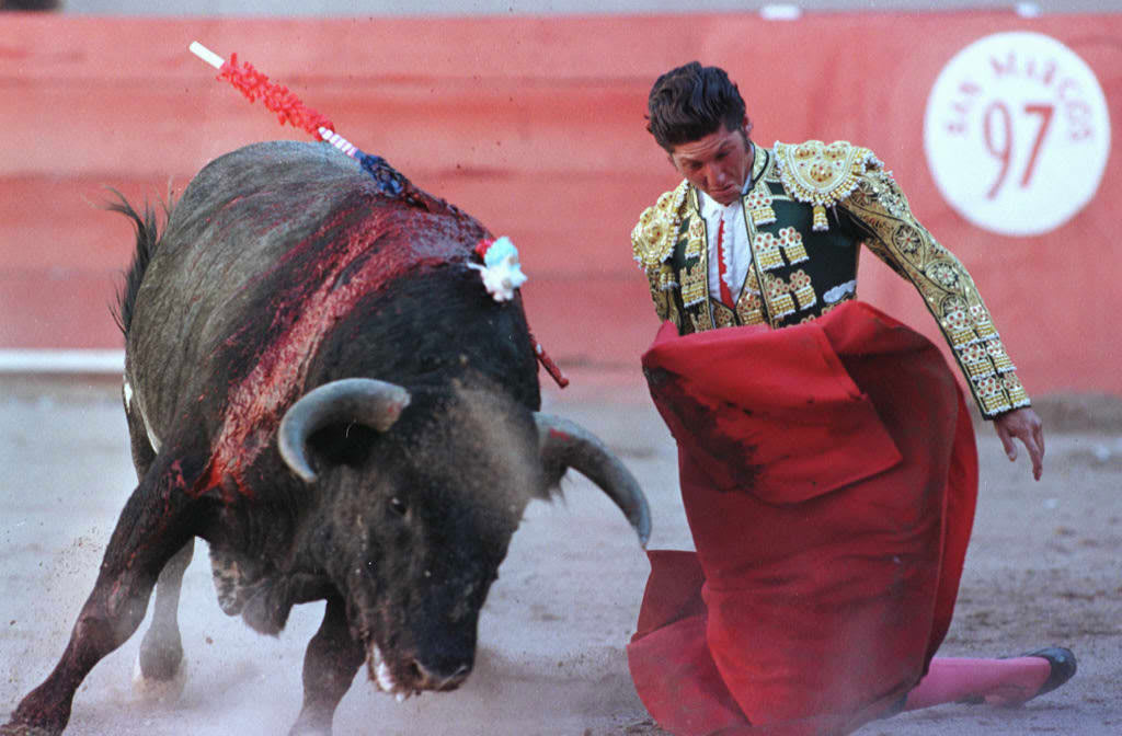 A photograph of Mexican matador Fernando Ochoa gives a pass to his first bull of the day 25 April, during the fourth bullfight of the Feria de San Marcos in Aguascalientes, Mexico. 