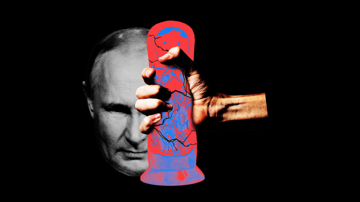 Illustration showing Putin in the background, hand crushing a  figurine