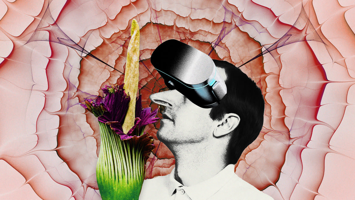 Man sniffing a flower in the metaverse. 