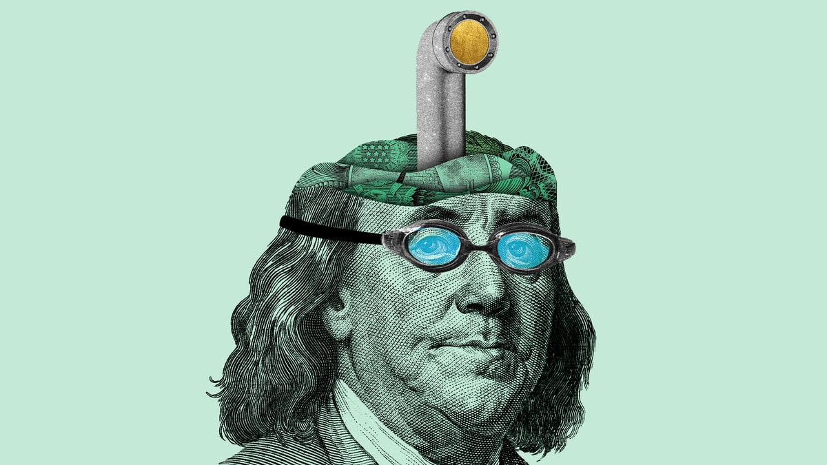 An illustration of Benjamin Franklin with a submarine periscope