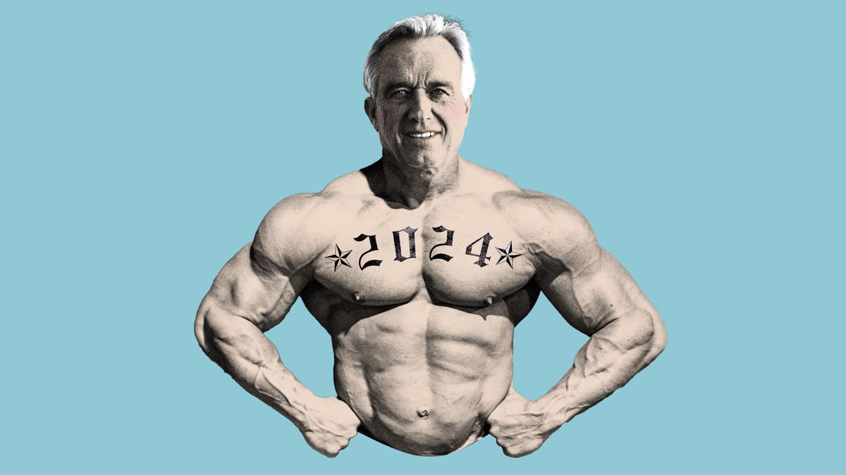 A photo illustration composite of Robert F. Kennedy, Jr. as a buff, shirtless man flexing his muscles with a 2024 tattoo.