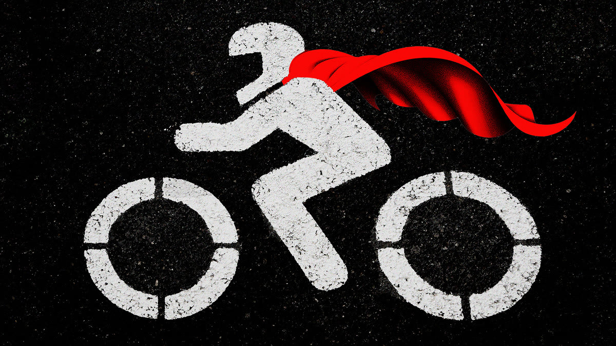 An illustration including a photo of a symbol of a Cyclist on their Bicycle wearing a Cape.