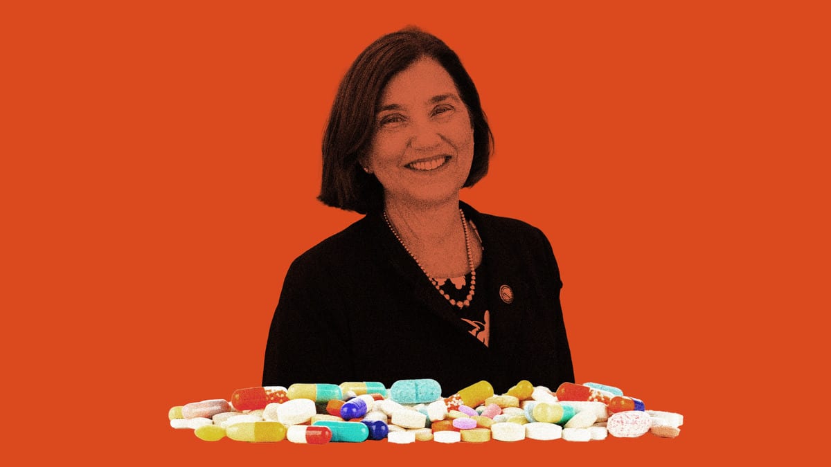 A photo illustration of New Hampshire democratic nominee for governor, Cinde Warmington and a pile of pills.