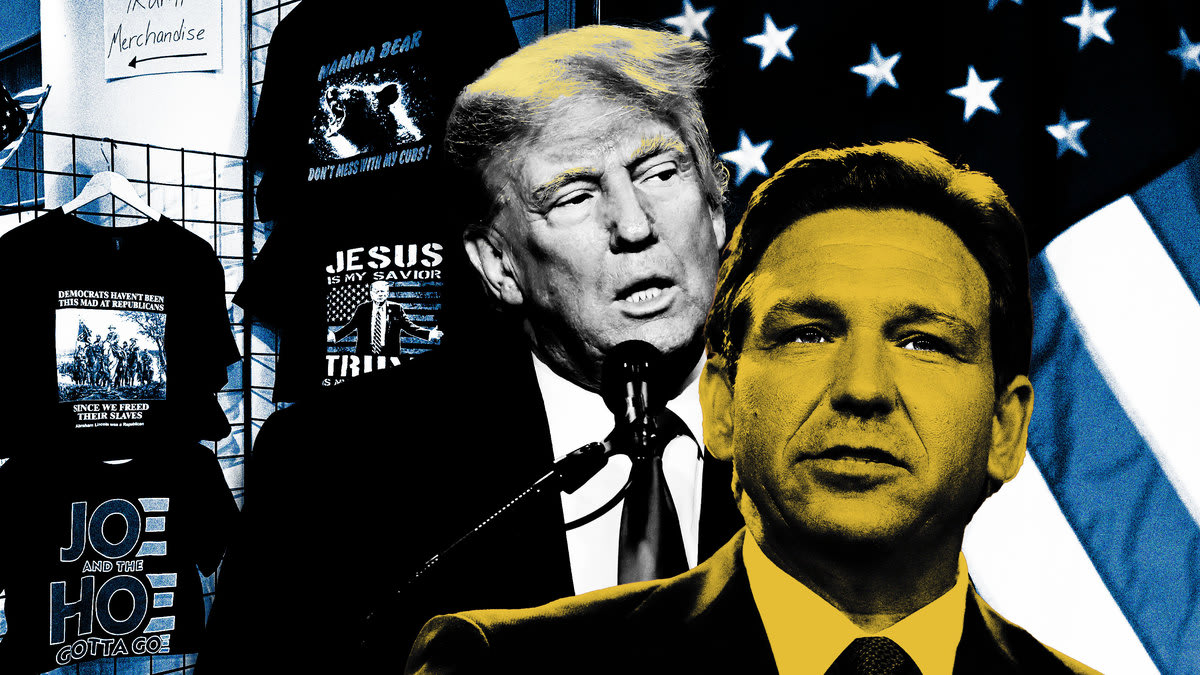 An illustration that includes images of Trump, Ron DeSantis, Donald Trump Merchandise, the American Flag, Merchandise from the Moms for Liberty Conference.