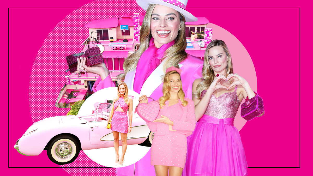 A photo illustration featuring Margot Robbie in various outfits doing press for the Barbie movie collaged with the real-life Barbie dream house listed on Airbnb and the pink Barbie dream car.