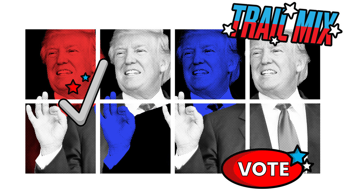 A photo illustration featuring Donald trump in red, white, and blue