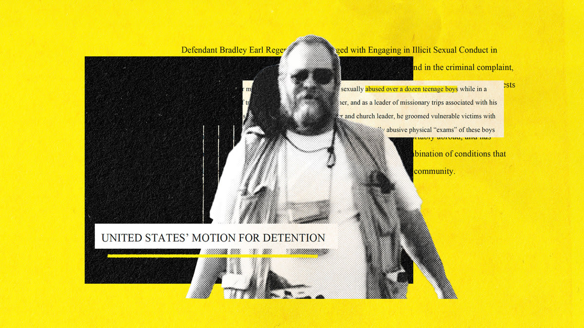 A photo illustration featuring Bradley Earl Reger overlaid with excerpts from prosecutors’ motion for detention