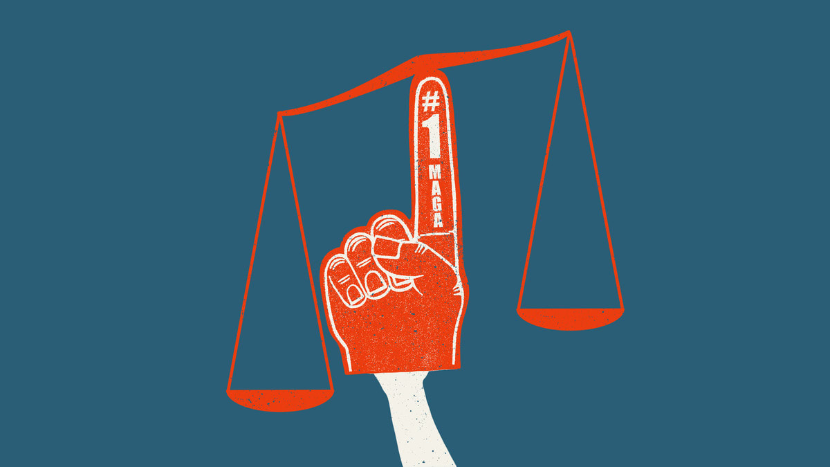 Illustration of an adapted and weighted scales of justice using a #1 MAGA fan foam finger to balance on