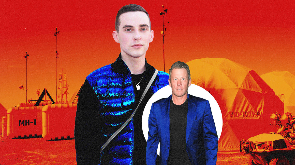 A photo illustration featuring Adam Rippon and Lance Armstrong over the Stars on Mars camp