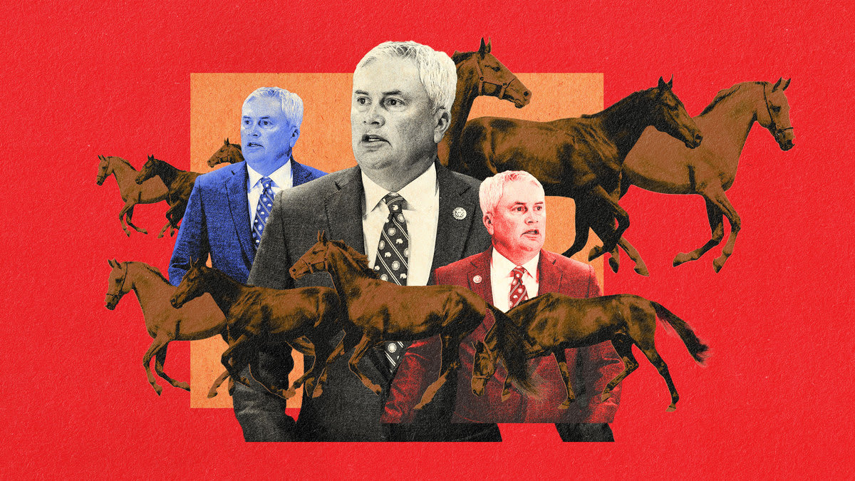 A photo illustration featuring James Comer with horses racing around.