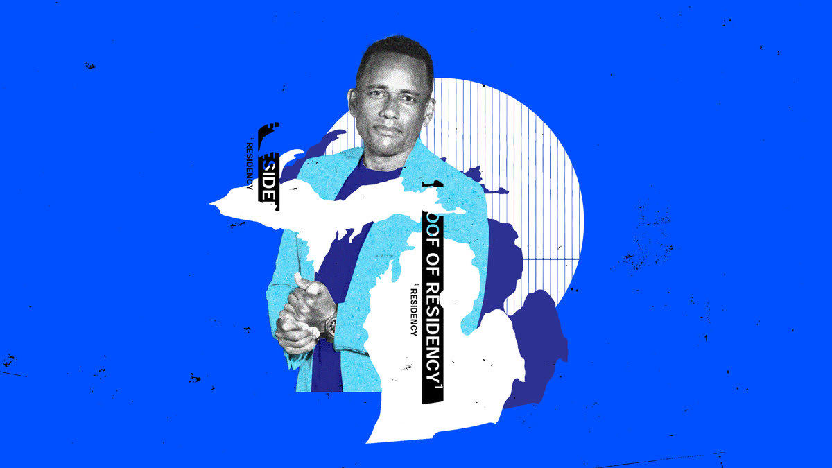 A photo illustration featuring Hill Harper with outlines of Michigan and the phrase “proof of residence” overlayed.