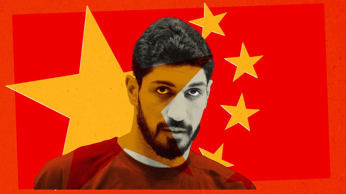Photo illustration of NBA player, Ines Freedom, with a modified Chinese flag overlaid.