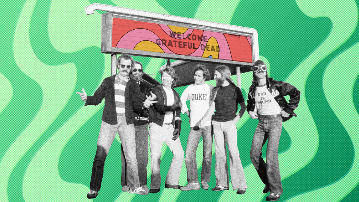 Photo illustration of a photograph of The Grateful Dead on top of psychedelic backgrounds.