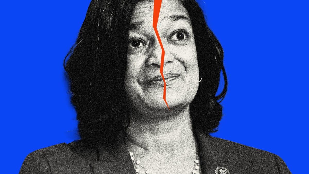 Photo illustration of Pramila Jayapal with a split down her face, all on a blue background.