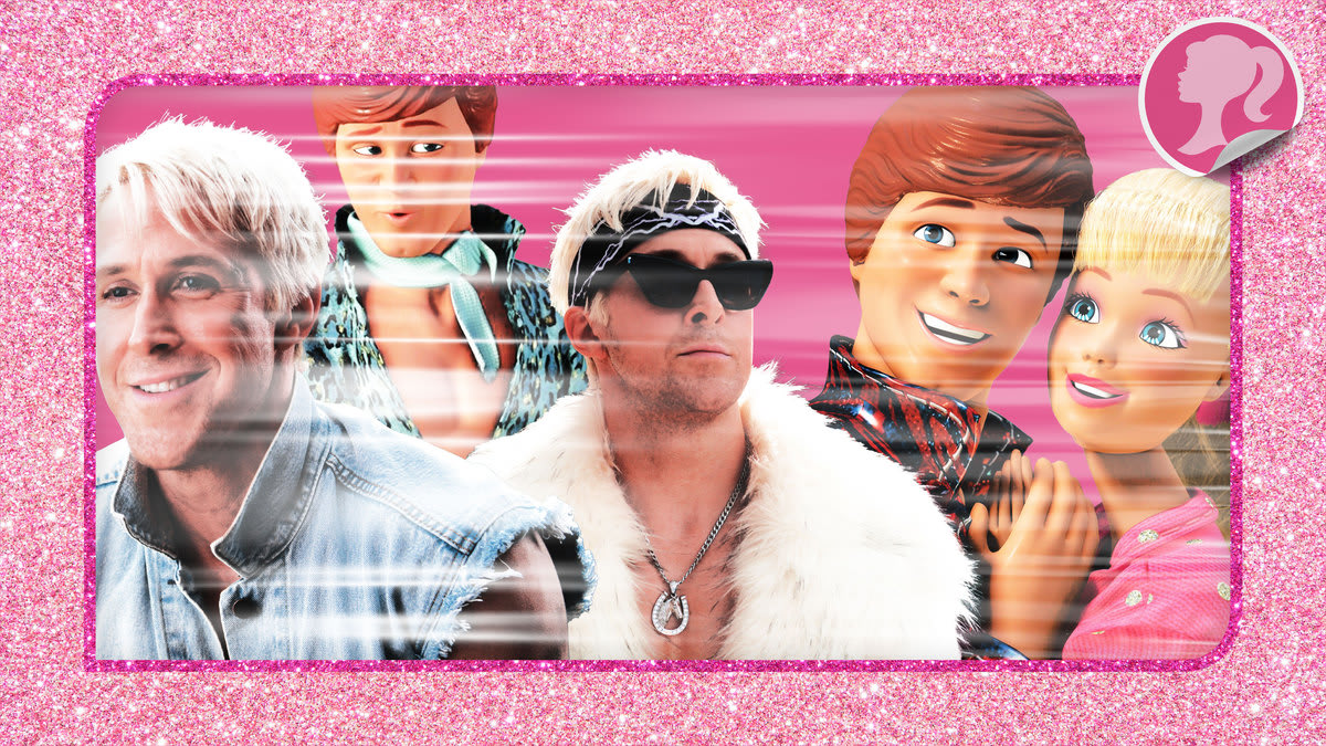An illustration including photos of a Barbie Toy Box and a variety of photos of Toy Ken Barbie Dolls and Ryan Gosling as Ken in Barbie the Warner Bros. film.