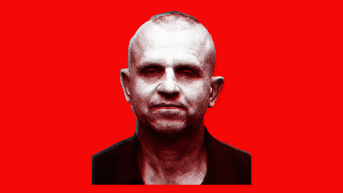Photo illustration of the mugshot of Marian Hudak on a red background.