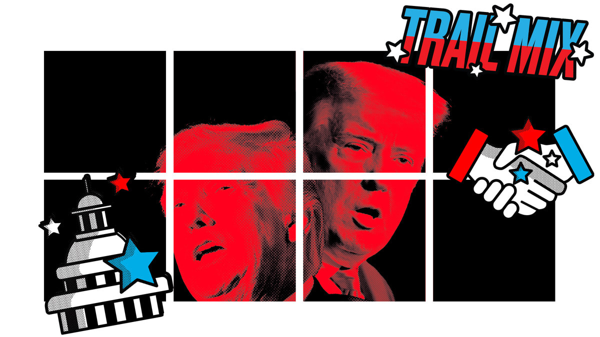 Photo illustration of two red portraits of Donald Trump.