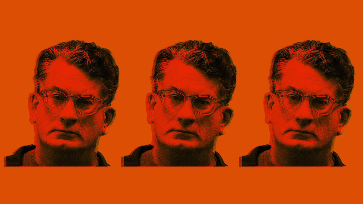 Photo illustration of the mugshot of former ABC investigative reporter James Gordon Meek on an orange background.