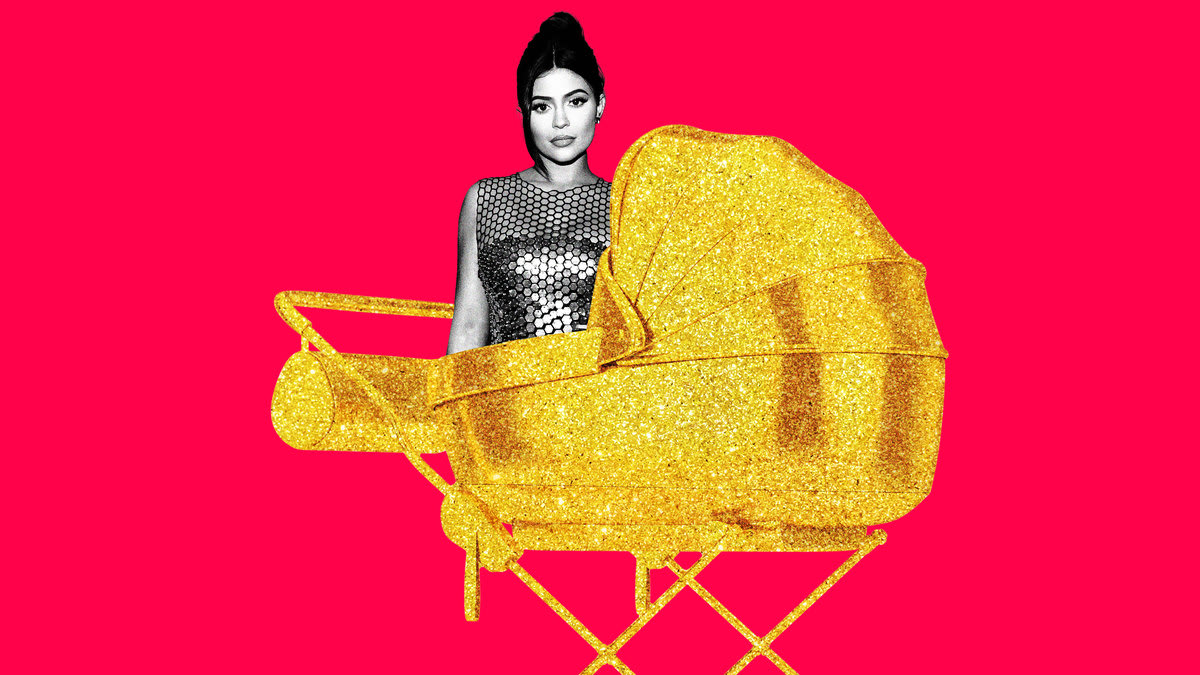 An illustration including photos of Kylie Jenner and a Golden Stroller
