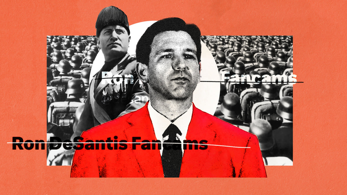 A photo illustration of Ron DeSantis layered with imagery mentioned in the @desantiscamTwitter account including Benito Mussolini and nazi soldiers.