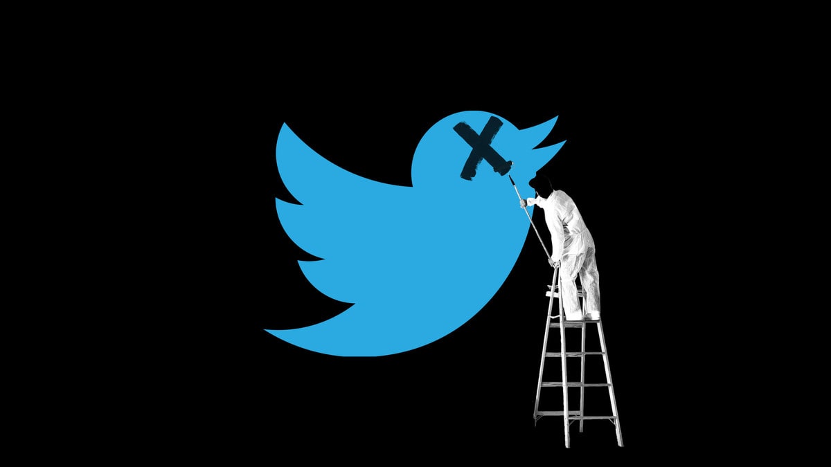 Photo illustration of the former Twitter bird logo with a painter adding a black X over the eye