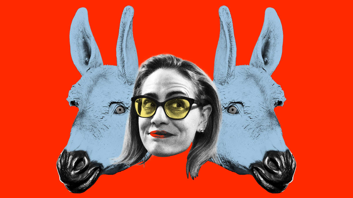 Photo illustration of senator Kyrsten Sinema with two donkey masks behind her on a red background