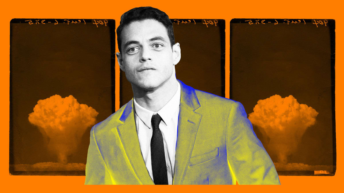 Alt-text: Photo illustration of Rami Malek in front of three atomic explosions
