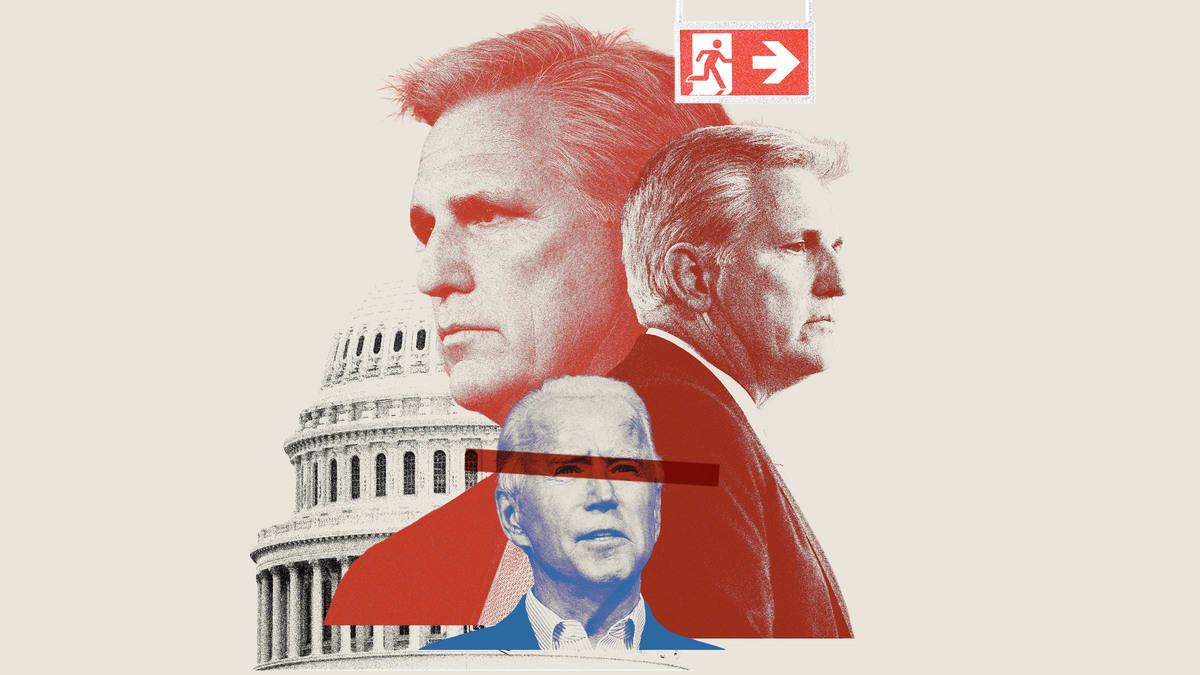 Photo illustration of Senator Kevin McCarthy (R-CA) and President Joe Biden with the US Capitol Building and an exit sign collaged.