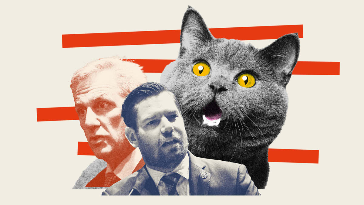 Photo illustration of Representatives Eric Swalwell (D-CA) and Kevin McCarthy (R-CA) with a large shocked cat in the background.