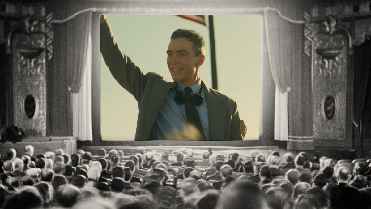 Photo illustration of Cillian Murphy in Oppenheimer in an old movie theater.