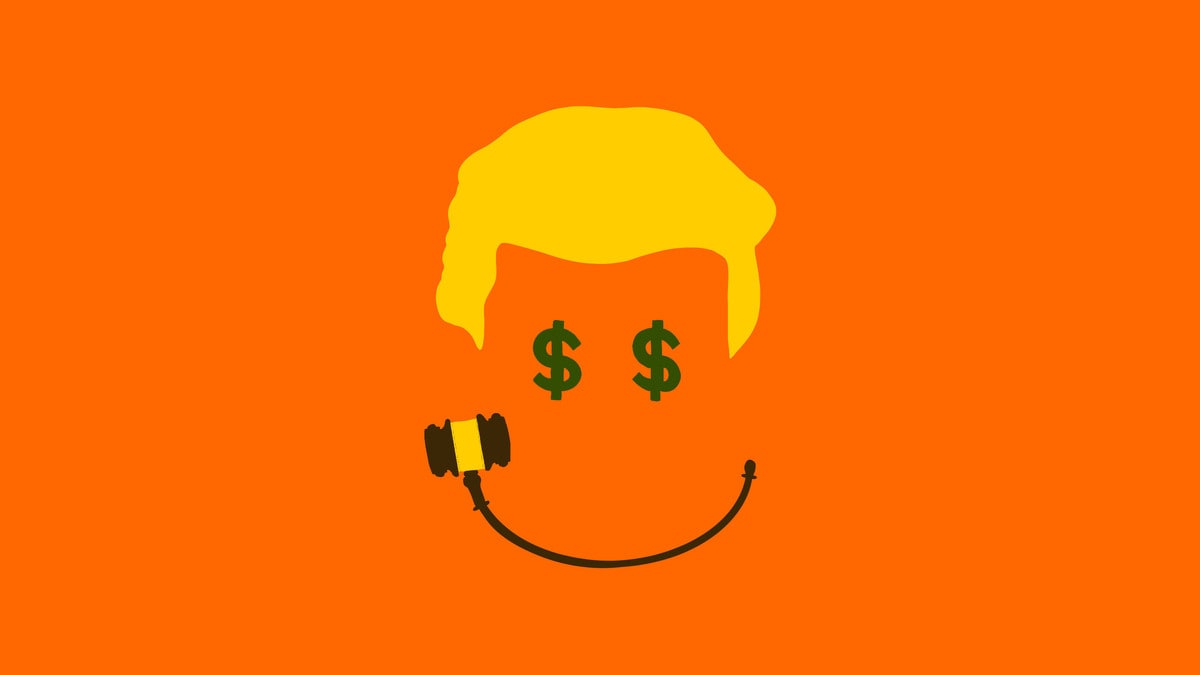 Illustration of a modified smiley face with Donald Trump’s hair, money signs as eyes, and a judge’s gavel as a mouth.