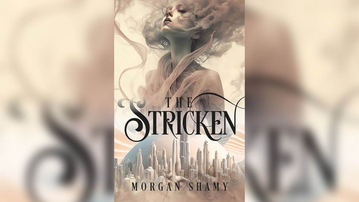 The cover for The Stricken, showing a woman with her eyes closed, overlaid with a fictional city’s skyline.