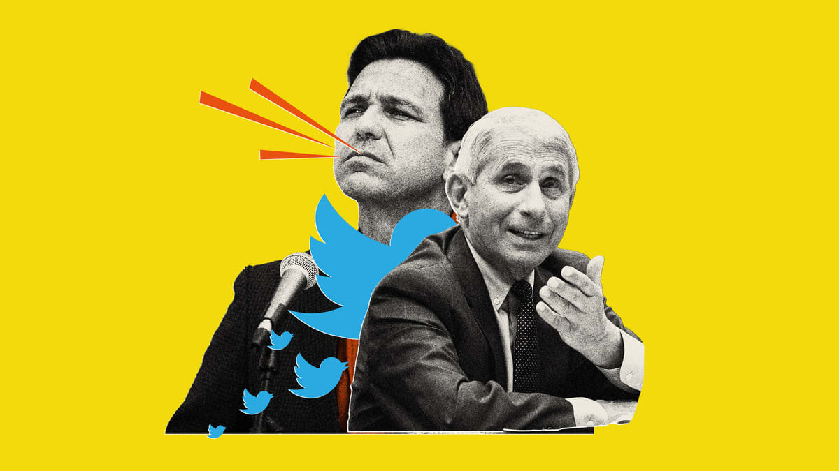 Photo illustration of Governor Ron DeSantis (R-FL) and Anthony Fauci with Twitter birds collaged on top.
