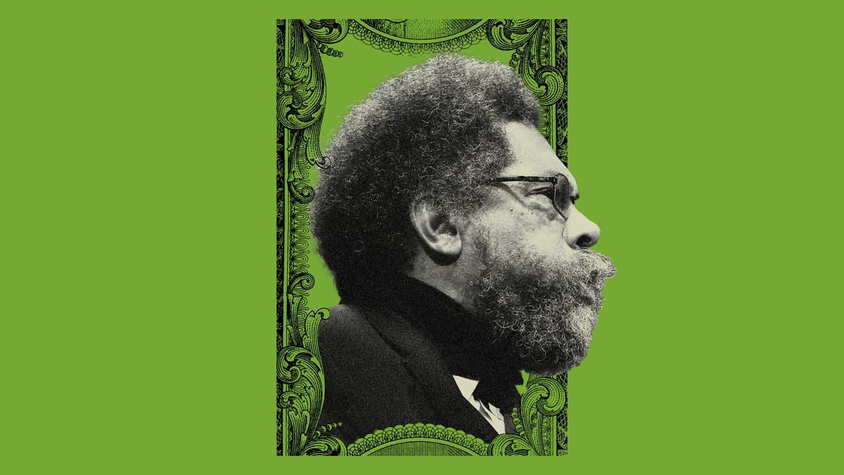 Photo illustration of Cornel West with a US dollar pattern overlay