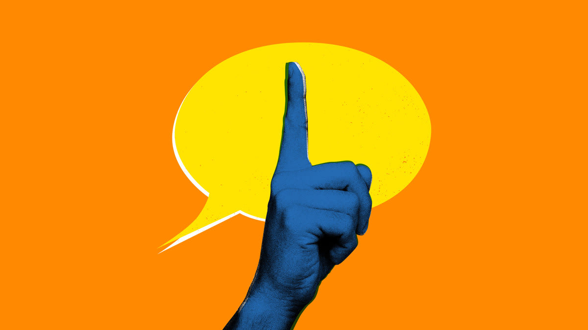 Photo illustration of a blue hand making a “shh” sign over a yellow speech bubble on an orange background.