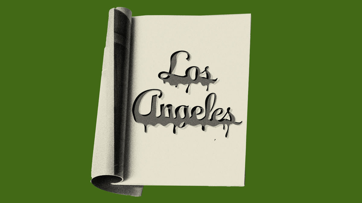 Photo illustration of a dripping Los Angeles Magazine logo on the inside page of a magazine