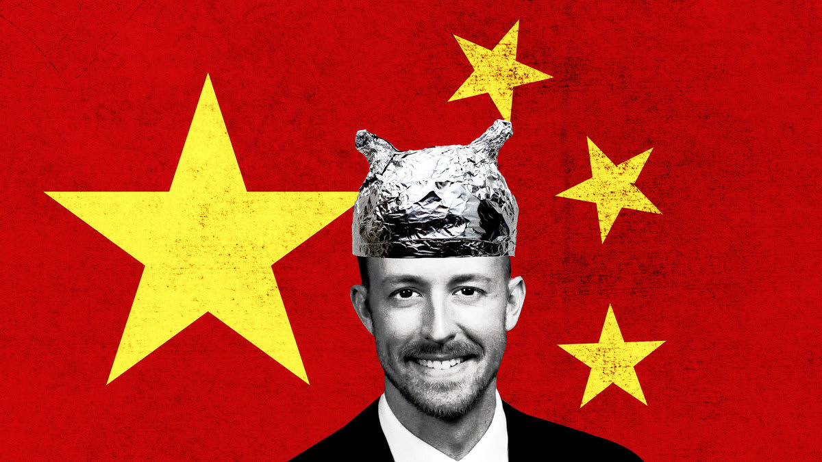 An illustration that includes photos of Ryan Walters, The Flag of China, and a Tin Foil Hat