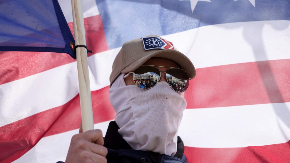 Image shows a member of the white nationalist group Patriot Front protesting a drag show brunch fundraiser in Chardon, Ohio, U.S., on April 1, 2023.
