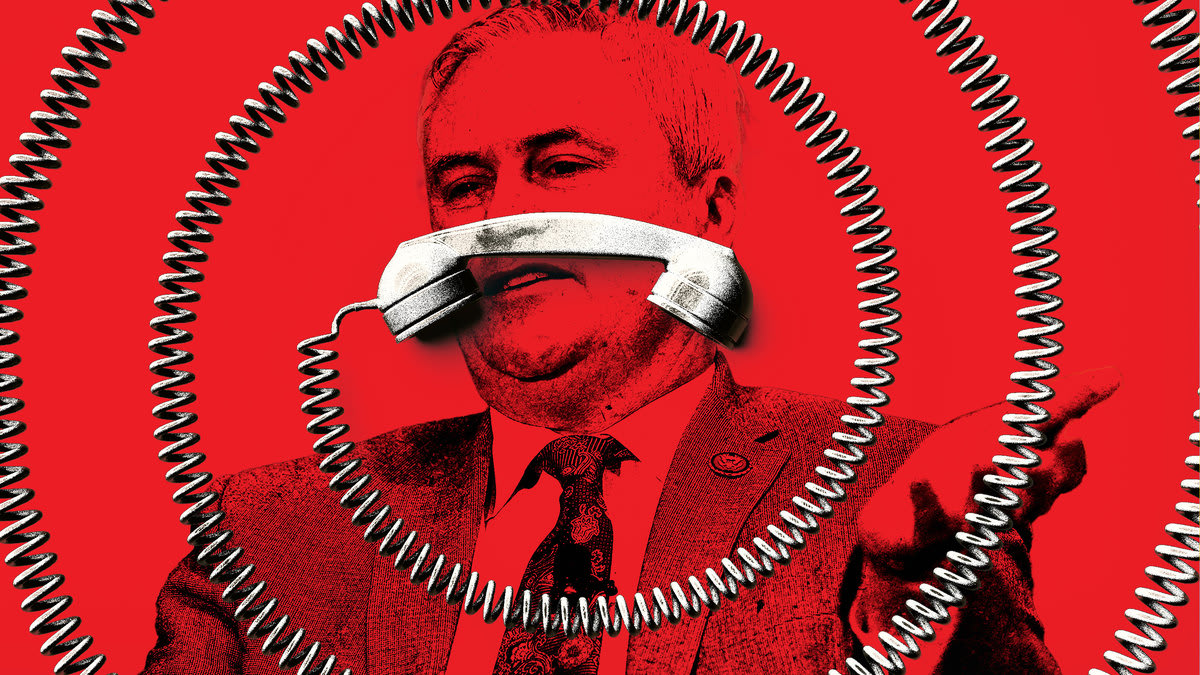 A photo illustration of James Comer with a phone and cord spiraling around him.