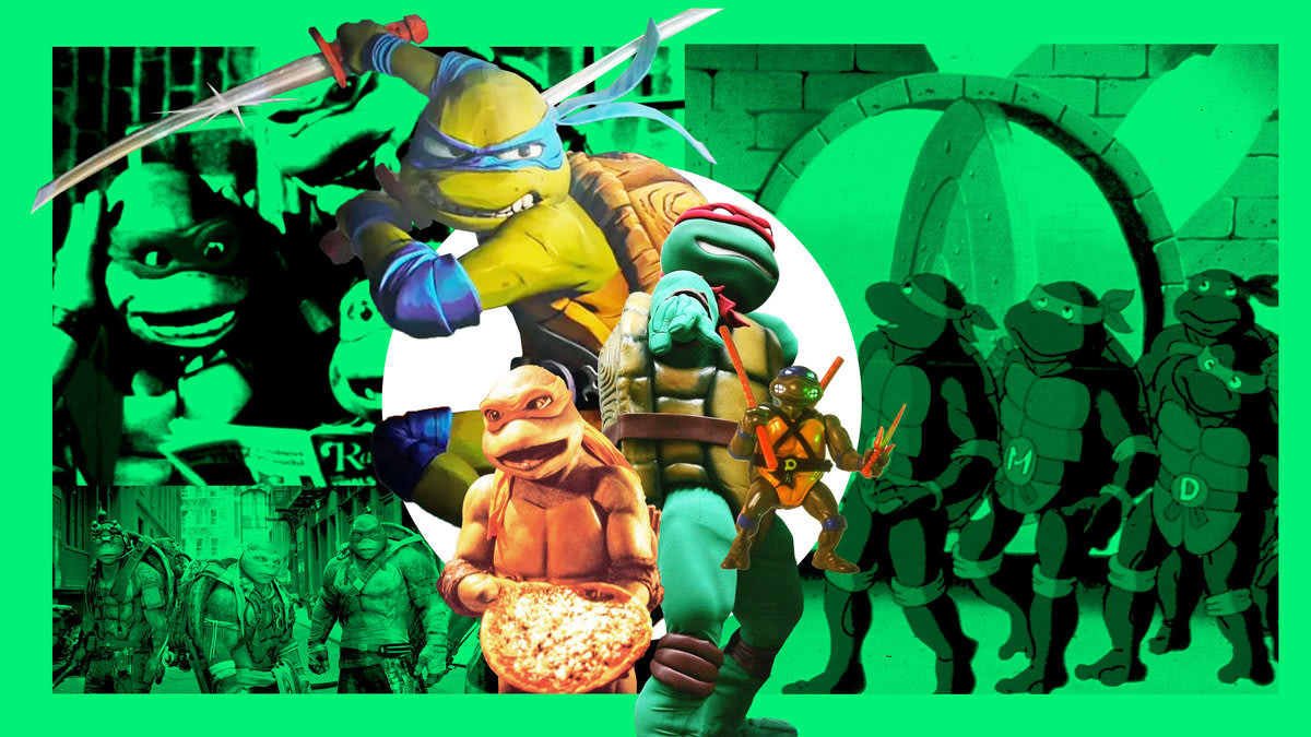 A photo illustration of the Teenage Mutant Ninja Turtles throughout the years