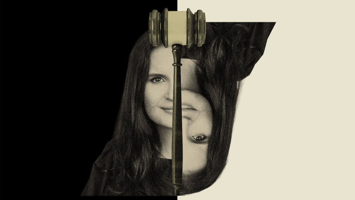 Photo illustration of two half portraits of Judge Aileen Cannon, one right side up and the other upside down, with a judge’s gavel in between.
