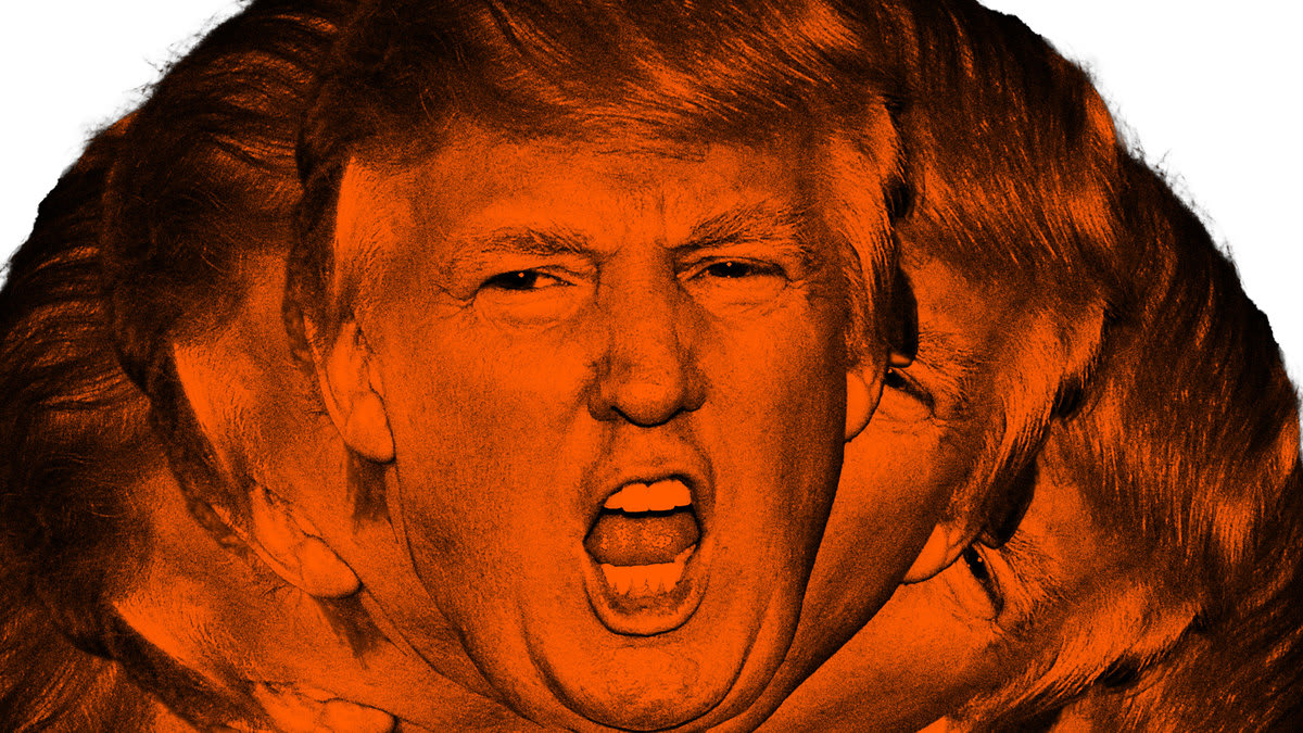 Photo illustration of Donald Trump’s face while he is yelling, colored orange.