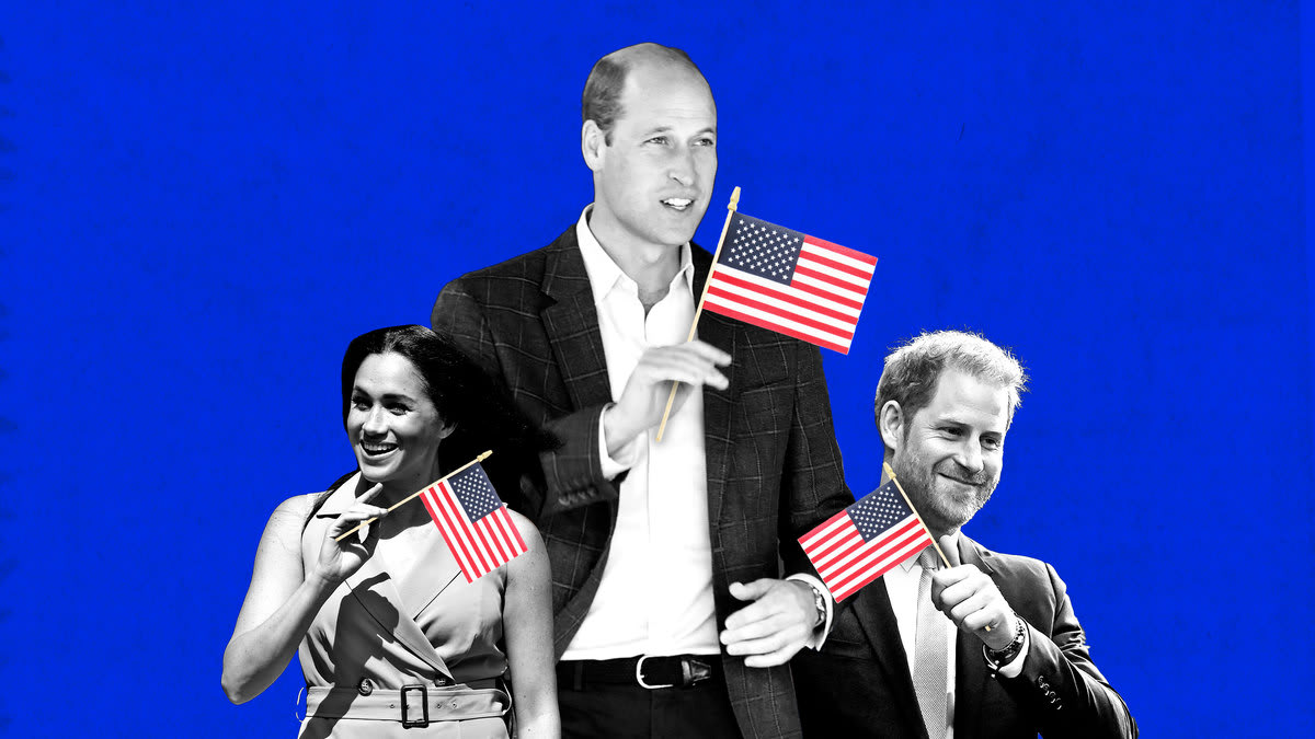 A photo illustration of Prince William, Prince Harry, and Meghan Markle on a blue background