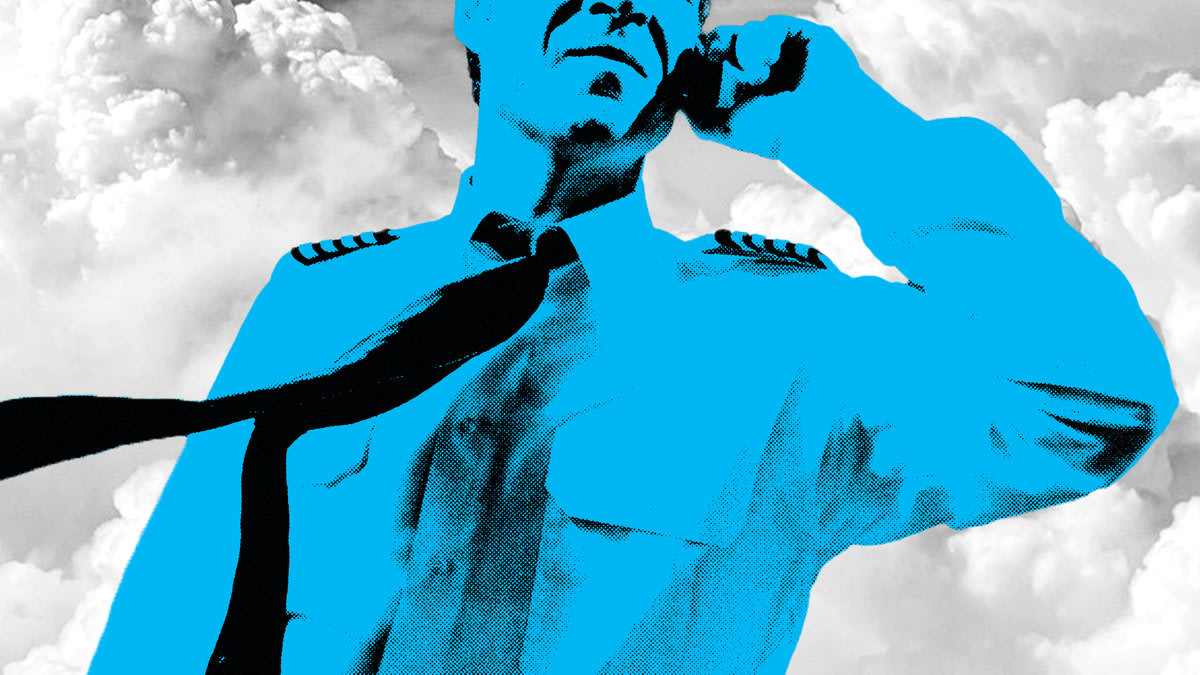 A photo illustration of a pilot color washed in blue taking a phone call in front of a sea of clouds