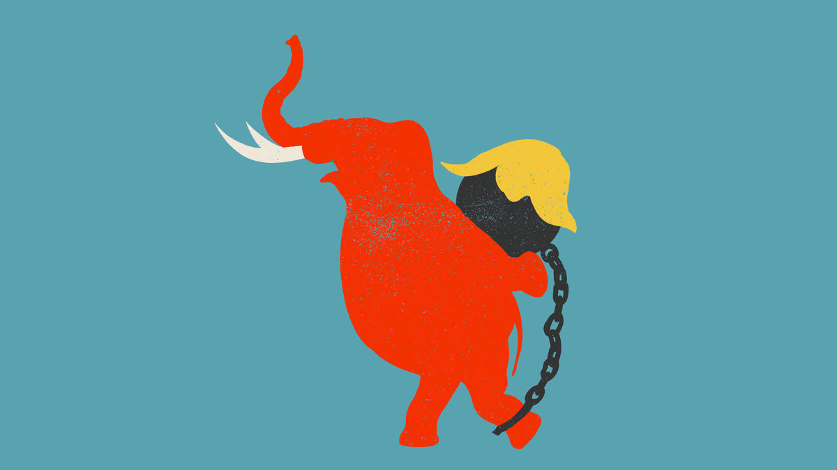 Illustration of a red Sisyphean elephant holding a ball and chain on its back with Trump hair
