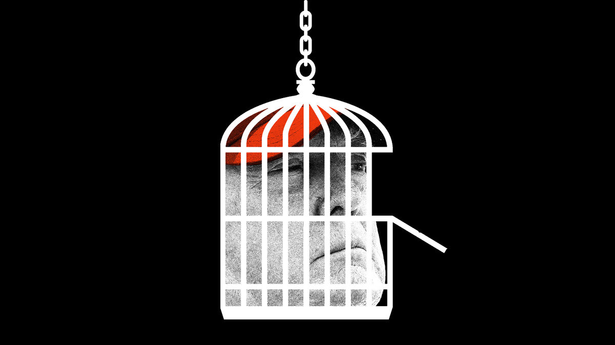 Photo illustration of Trump in an open bird cage.